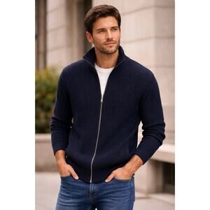 Zara Dark Blue Full  Zip Ribbed Knit L/S Sweater Jacket Men's M  Stand Up Collar